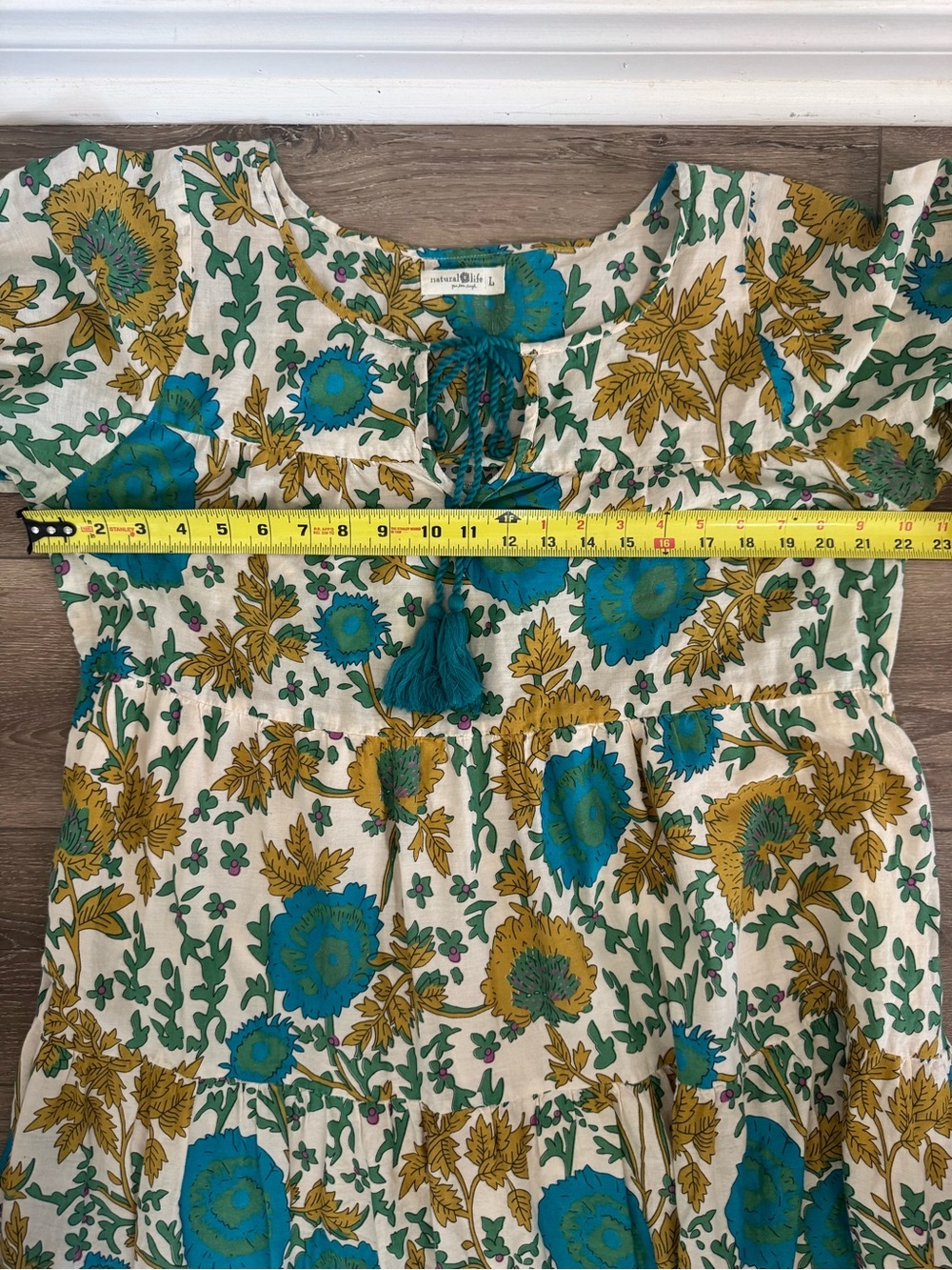 NATURAL LIFE Floral Tiered Midi Dress 100% Cotton Lined Boho Tassel Tie Large - Picture 10 of 11